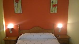 Burguillos del CerroにあるHostal El Camioneroのオレンジ色の壁のベッドルーム1室(ベッド1台、2つの照明付)