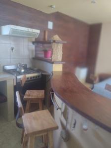 una pequeña cocina con fogones y encimera en Paso del cuadrado 2 en El Chaltén