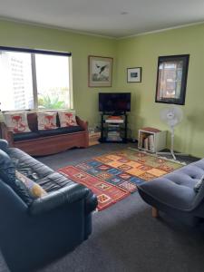 uma sala de estar com dois sofás e uma televisão em Quail's Nest em Mangawhai
