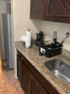 a kitchen counter with a sink and a refrigerator at Cozy Oceanview Studio w parking in San Juan