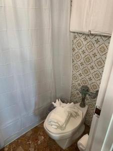 a bathroom with a white toilet and a shower at Cozy Oceanview Studio w parking in San Juan