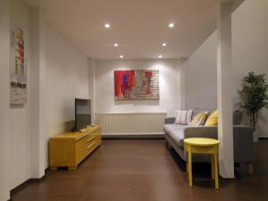 a living room with a couch and a tv at Kodaly Art Apartment in Budapest