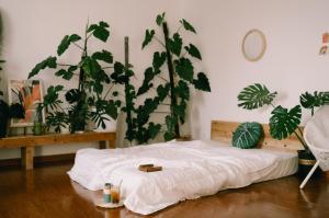 - une chambre dotée d'un lit avec des plantes sur le mur dans l'établissement LáVuTa Home, à Vung Tau