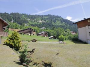 un grupo de edificios en un campo con una montaña en Chalet Châtel, 4 pièces, 6 personnes - FR-1-200-291 en Châtel