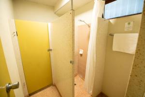 a bathroom with a shower and a yellow door at Bentley's Hotel in Clare