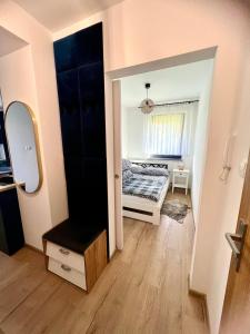 1 dormitorio con cama y espejo en Apartament w Białce Tatrzańskiej en Białka Tatrzanska
