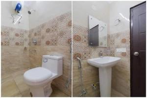 two pictures of a bathroom with a toilet and a sink at Hotel Rabbit Hut in Dehradun