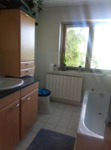 ein Bad mit einem Waschbecken, einer Badewanne und einem Fenster in der Unterkunft Bauernhaus im Permakultur-Garten in Sankt Johann in Tirol