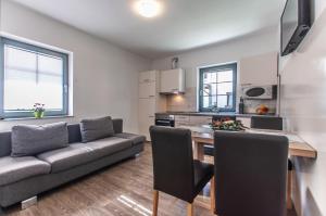 a kitchen and living room with a couch and a table at Apartments Francka in Bohinj