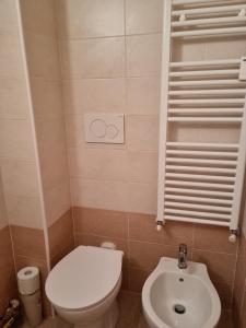 La petite salle de bains est pourvue de toilettes et d'un lavabo. dans l'établissement Trento- Monte Bondone Appartamento tipico di montagna, à Norge