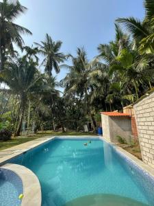 a swimming pool with palm trees in the background at TPF 3BHK VILLA ALIBAUG in Alibaug