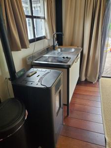een kleine keuken met een fornuis en een wastafel bij Vakantiehuis Meerzicht in Nederhemert