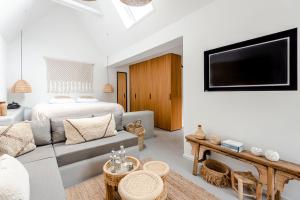 uma sala de estar com um sofá e uma televisão em Suite-Suite luxury private guesthouse em Zandvoort