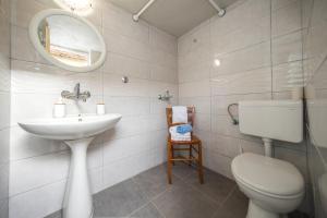 a bathroom with a toilet and a sink and a mirror at House Sanja in Gdinj +46 photos