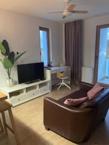 Televízia a/alebo spoločenská miestnosť v ubytovaní cosy condo 5 min do plaży z balkonem Gdynia