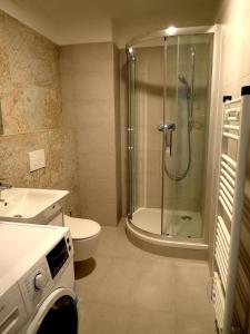 een badkamer met een douche, een toilet en een wastafel bij Apartment in the old town in Bratislava