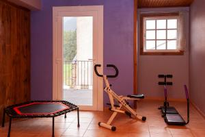 a room with a gym with a treadmill and a window at Le Catalan - Hôtel et appartements in Mont-Louis