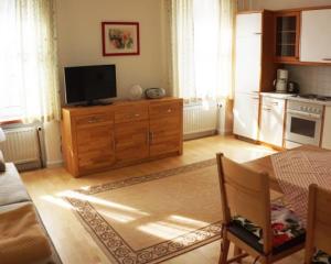 a living room with a television on a wooden cabinet at Ferienwohnungen Weissenbacher in Mitterbach