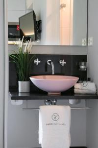 baño con lavabo rosa y espejo en Stay2Night BS, en Zúrich