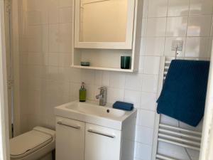 a white bathroom with a sink and a toilet at Centre Vaison-la-Romaine, Appartement T2 in Vaison-la-Romaine