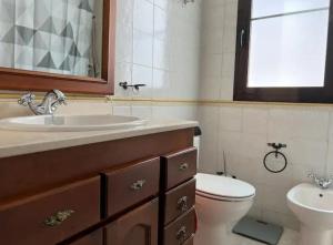y baño con lavabo, aseo y espejo. en Apartamento Puente Romano con Parking gratuito, en Córdoba