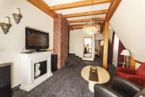 a living room with a television and a fireplace at Rebgarten Hotel Adler in Pfullendorf