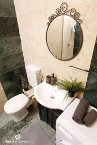 La salle de bains est pourvue de toilettes, d'un lavabo et d'un miroir. dans l'établissement Modern Condo near Morii Lake, à Bucarest