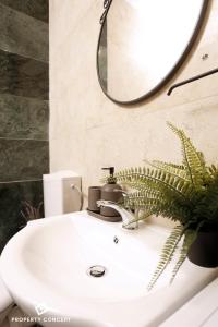 La salle de bains est pourvue d'un lavabo, d'un miroir et d'une plante. dans l'établissement Modern Condo near Morii Lake, à Bucarest
