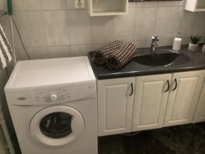 a bathroom with a washing machine and a sink at Torill`s Apartment in Kragerø