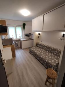 a living room with a couch and a kitchen at Monolocale a 150m da impianto di risalita Spinale CIPAT O22247-AT-O11471 in Madonna di Campiglio
