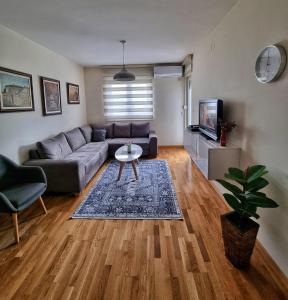 sala de estar con sofá y mesa en Riverside Apartment, en Podgorica