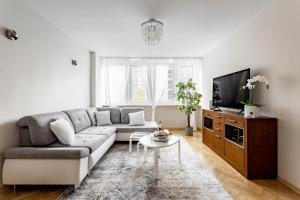 salon z kanapą i telewizorem w obiekcie Hala Mirowska Apartments w Warszawie