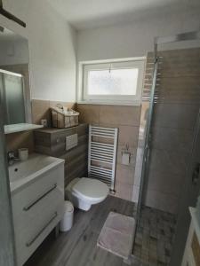 ein Bad mit einem WC, einem Waschbecken und einer Dusche in der Unterkunft Domček v záhrade in Liptovský Mikuláš