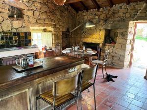 uma cozinha com um balcão e mesas e cadeiras em Domaine de la coletta Maison traditionnelle em Coti-Chiavari