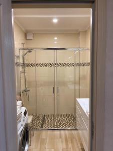 La salle de bains est pourvue d'une douche et d'un lave-linge. dans l'établissement Сонячне Закарпаття, à Polyana