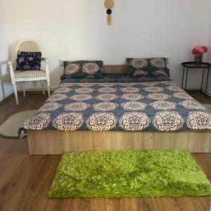 a bedroom with a bed and a chair and a green rug at Casa Rediu Iasi in Iaşi