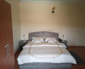1 dormitorio con 1 cama grande con sábanas y almohadas blancas en Chez B&D Suites And Apartments, en Abuja