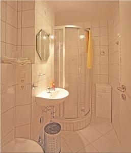 a bathroom with a shower and a sink and a toilet at Appartement Haus Salzburg in Bad Füssing
