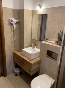 baño con lavabo, aseo y teléfono en Pensiunea AN de AN Remeti, en Remeţi