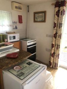 a small kitchen with a stove and a refrigerator at Lake view Romantic retreat in Aberystwyth