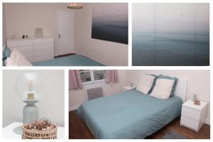 a collage of four pictures of a bedroom with a bed at 350 M de la gare/10min de l'hyper-centre. in Caen