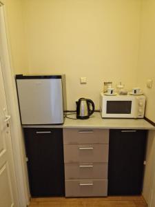 a kitchen with a microwave and a toaster oven on a counter at Centrum Noclegowe Apartament 6 in Bydgoszcz