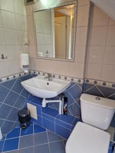 a bathroom with a sink and a toilet and a mirror at Centrum Noclegowe Apartament 6 in Bydgoszcz
