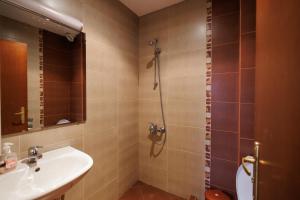 uma casa de banho com um lavatório e um chuveiro em Конна база и Къща за гости Дворене em Razlog