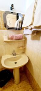 bagno con lavandino, specchio e asciugamani di Senmut Luxory Rooms a Luxor