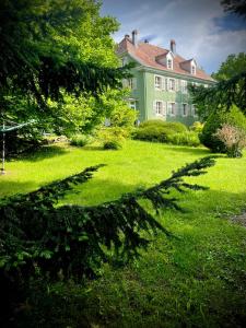 a large green house with a long shadow on the grass at A l'Ombre des tilleuls in Husseren-Wesserling