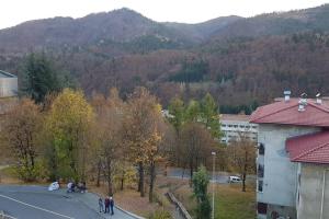 een groep mensen die door een straat lopen in een stad bij Слънчев апартамент с прекрасна гледка, паркинг. in Smolyan