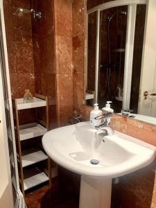 a bathroom with a white sink and a shower at Lotus (garaje y wifi) in Ávila