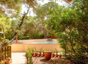 una piscina en un patio con árboles en Apartamentos El Pino - Formentera Break, en Es Caló
