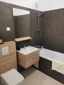 a bathroom with a sink and a toilet and a mirror at Apartament incantator Iasi Copou in Iaşi